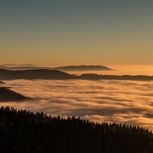 Preview wallpaper hills, trees, clouds, fog, twilight