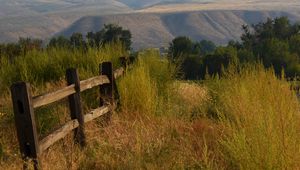 Preview wallpaper hills, trees, fence, nature, landscape