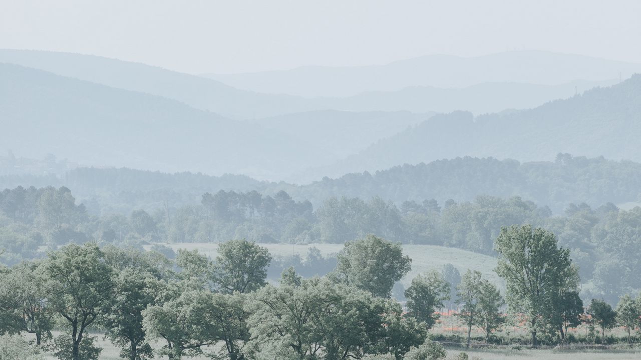 Wallpaper hills, trees, fog, horizon, landscape