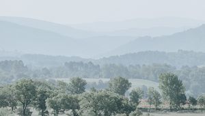 Preview wallpaper hills, trees, fog, horizon, landscape