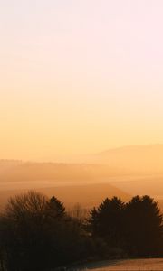 Preview wallpaper hills, trees, fog, dusk, morning, landscape