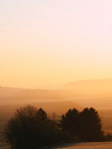 Preview wallpaper hills, trees, fog, dusk, morning, landscape