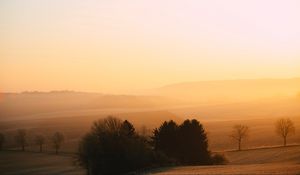 Preview wallpaper hills, trees, fog, dusk, morning, landscape