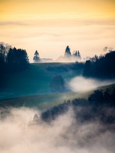 Preview wallpaper hills, trees, fog, clouds, landscape