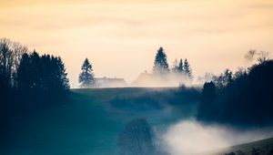 Preview wallpaper hills, trees, fog, clouds, landscape