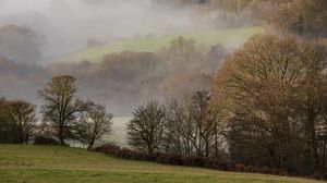 Preview wallpaper hills, trees, fog, lawn, landscape