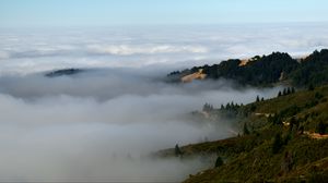 Preview wallpaper hills, trees, fog, landscape, nature