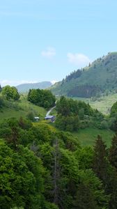 Preview wallpaper hills, trees, houses, sky, nature