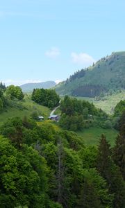 Preview wallpaper hills, trees, houses, sky, nature