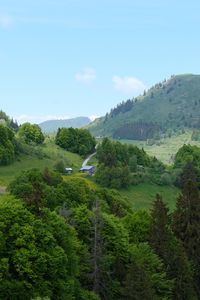 Preview wallpaper hills, trees, houses, sky, nature