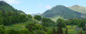 Preview wallpaper hills, trees, houses, sky, nature