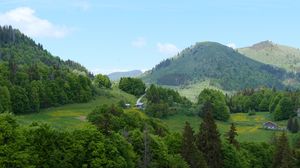Preview wallpaper hills, trees, houses, sky, nature