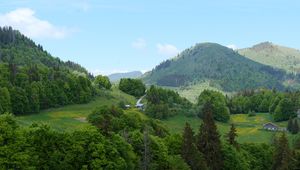 Preview wallpaper hills, trees, houses, sky, nature