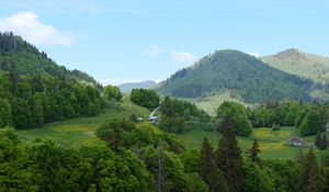 Preview wallpaper hills, trees, houses, sky, nature