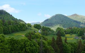 Preview wallpaper hills, trees, houses, sky, nature