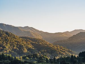 Preview wallpaper hills, trees, lake, reflection, landscape