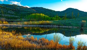 Preview wallpaper hills, trees, lake, grass, landscape, nature