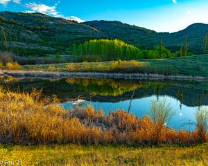 Preview wallpaper hills, trees, lake, grass, landscape, nature