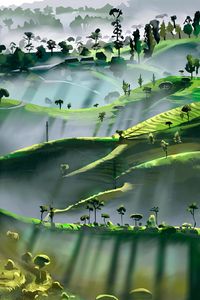 Preview wallpaper hills, trees, rays, art