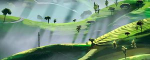 Preview wallpaper hills, trees, rays, art