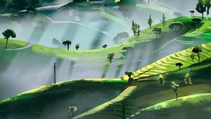 Preview wallpaper hills, trees, rays, art