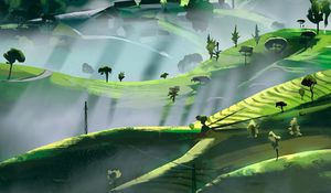 Preview wallpaper hills, trees, rays, art
