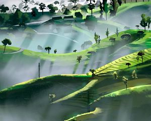 Preview wallpaper hills, trees, rays, art