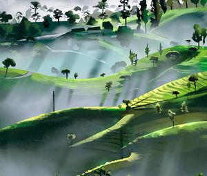 Preview wallpaper hills, trees, rays, art