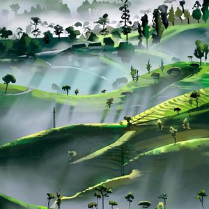 Preview wallpaper hills, trees, rays, art