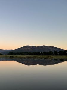 Preview wallpaper hills, trees, reflection, lake, landscape