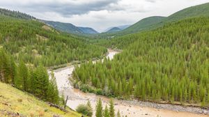 Preview wallpaper hills, trees, river, nature, landscape