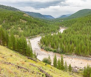 Preview wallpaper hills, trees, river, nature, landscape