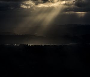 Preview wallpaper hills, trees, river, light, clouds, dark