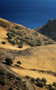 Preview wallpaper hills, trees, road, sea