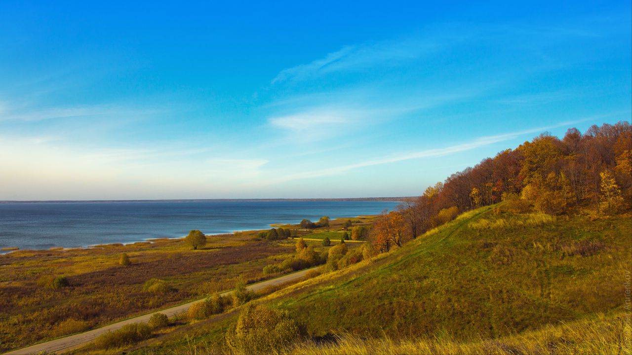 Wallpaper hills, trees, sea, landscape, nature