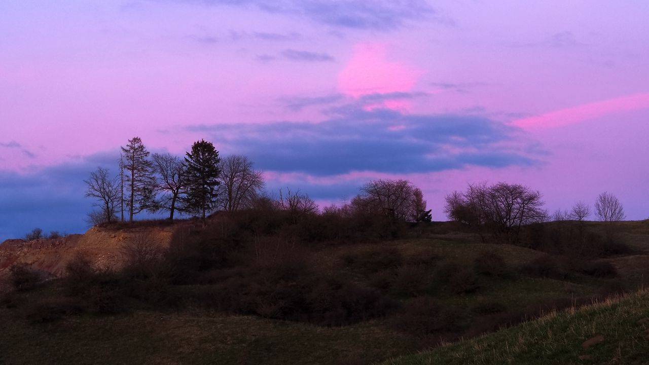 Wallpaper hills, trees, sunset, nature, purple