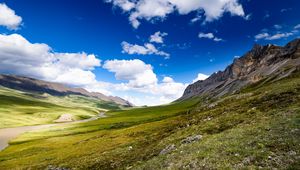 Preview wallpaper hills, valley, clouds, landscape, nature
