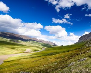 Preview wallpaper hills, valley, clouds, landscape, nature