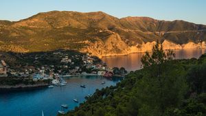 Preview wallpaper hills, village, pier, boats, river, aerial view