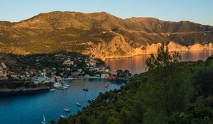 Preview wallpaper hills, village, pier, boats, river, aerial view