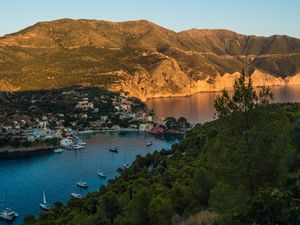 Preview wallpaper hills, village, pier, boats, river, aerial view