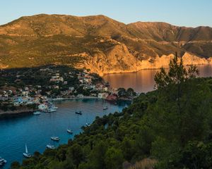 Preview wallpaper hills, village, pier, boats, river, aerial view