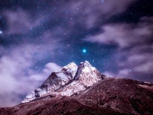 Preview wallpaper himalayas, mountains, peak, starry sky, clouds, snowy