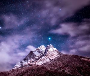 Preview wallpaper himalayas, mountains, peak, starry sky, clouds, snowy