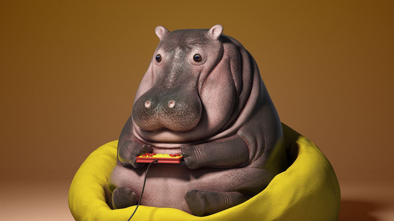 Download wallpaper 1366x768 hippo, joystick, art, funny, 3d tablet 