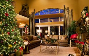Preview wallpaper holiday, christmas tree, new year, christmas, decorations, santa claus, santa, gifts, room, interior, style, design, furniture, candles, window, reflection, new years interior, tree