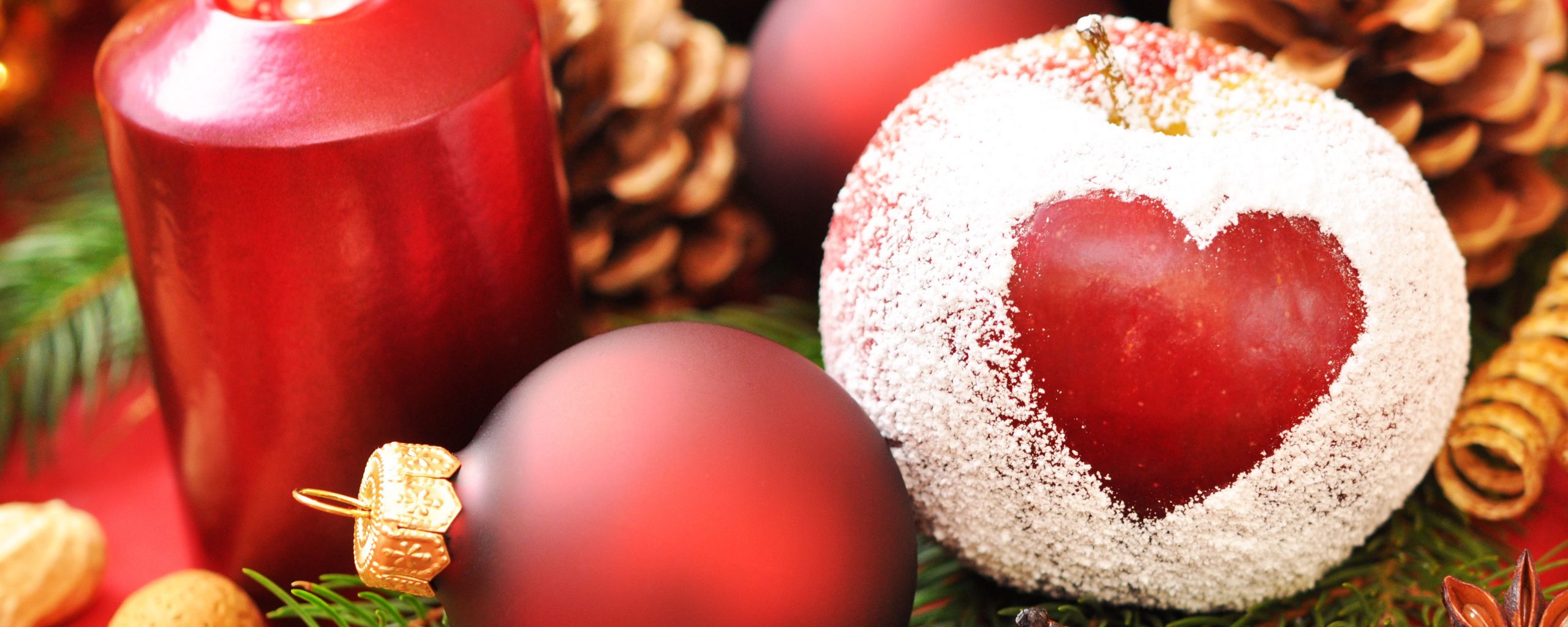 2560x1024 Wallpaper holiday, heart, new year, christmas, candle, apple powder, needles, balls, cones