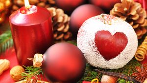 Preview wallpaper holiday, heart, new year, christmas, candle, apple powder, needles, balls, cones