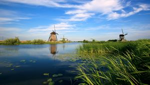 Preview wallpaper holland, mills, river, vegetation, canes