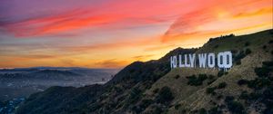 Preview wallpaper hollywood, word, inscription, rocks, sunset